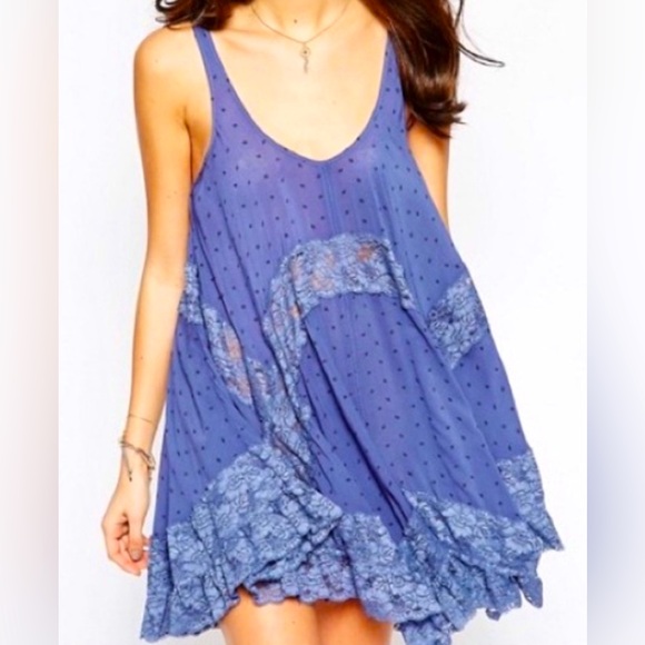 Free People Dresses & Skirts - Free People Intimately Blue Lace Trim Mini Dress Size Medium